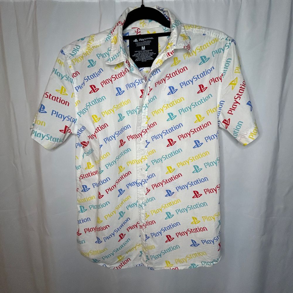 PlayStation Official All-Over Logo Print Button Down Gaming Shirt Size M